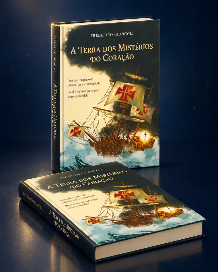 Dois exemplares do livro A Terra dos Mistérios do Coração, de Frederico Ciongoli: um em pé e outro deitado, com a caravela da capa iluminada em dourado